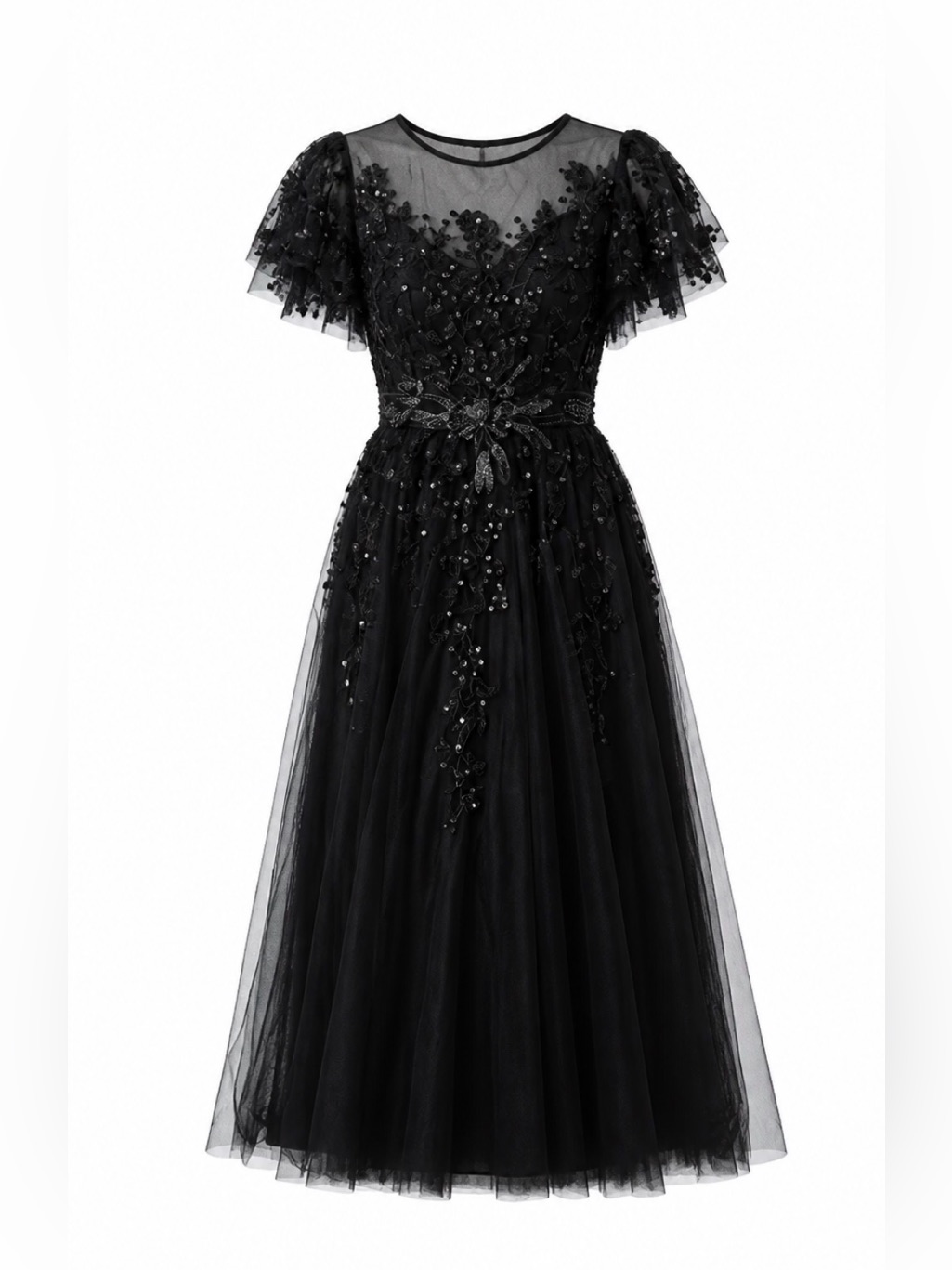 Mac Duggal Black Sequin Tulle Midi Dress. Sz 8 Nwt